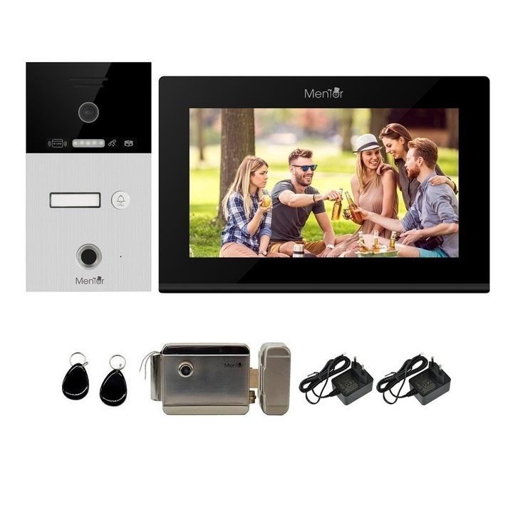 Kit VideoInterfon WiFi 1 familie Mentor SYKT090B 5in1 cu aplicatie, amprenta, tag, buton si cheie, cu Monitor color de 10.1 inch, Panou exterior AHD 2MP IP65 incastrabil, Yala electromagnetica, sistem pe 2 fire 24V