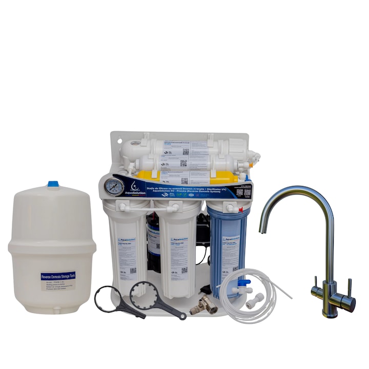 Filtru de apa cu osmoza inversa 6 trepte, 0.0001 microni, pompa – AquaSolution RO-ProLine + Baterie 3 cai, Turn inox 304