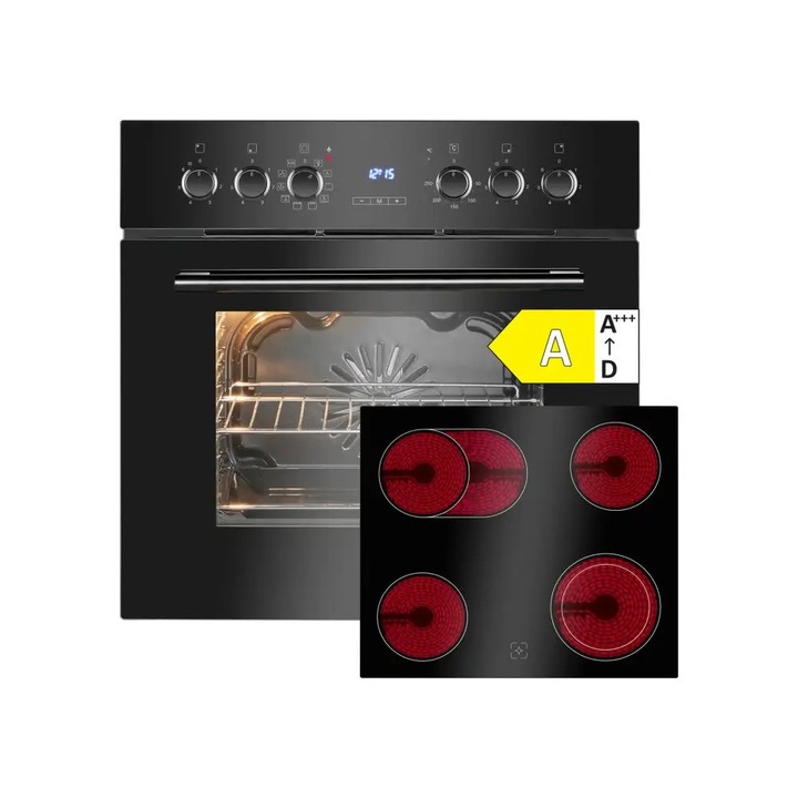 Bomann beépíthető kerámia főzőlap és légkeveréses sütő szett, A energiaosztály, alacsony fogyasztás, 57 liter űrtartalom, 9 sütőfunkció, légkeverés funkció, kiolvasztás, grill, állítható hőmérséklet max. 250°C, időzítő, belső LED világítás, fekete