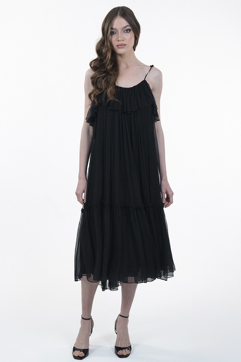 Maellie, Rochie de matase cu pliuri, Negru