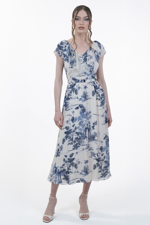 Maellie, Rochie cu model floral si maneci scurte, Alb murdar/Bleumarin