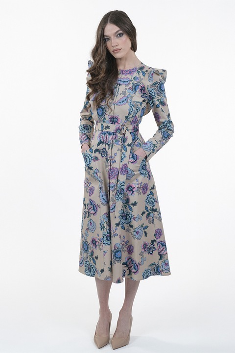 Maellie, Rochie cu buzunare laterale si imprimeu, Alb fildes/Lila/Albastru