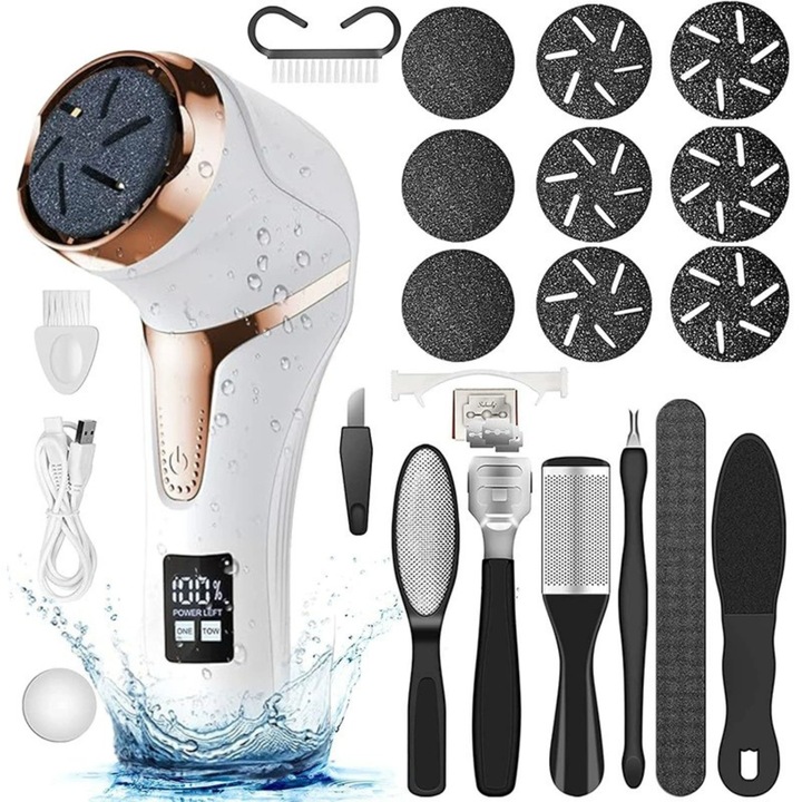 Pila Electrica Profesionala MACASORE®, pentru Talpi si Calcaie, cu Aspirare Integrata, Display LED, 9 Role si Accesorii Incluse, USB Reincarcabila, IPX7, Indeparteaza Bataturi si Piele Intarita, alb