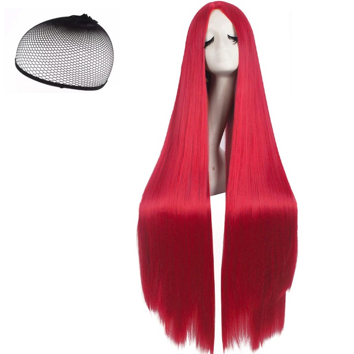 Peruca sintetica rosie, 70 cm, 230 g, set cu plasa de par