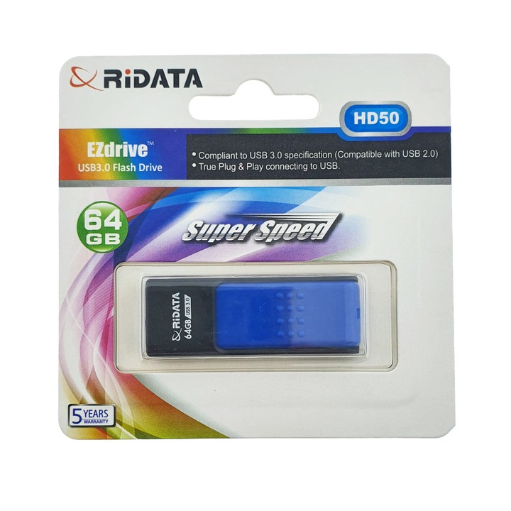 Memorie USB 3.0 Flash Drive RiDATA 64GB, EZdrive HD50, conector retractabil, albastru