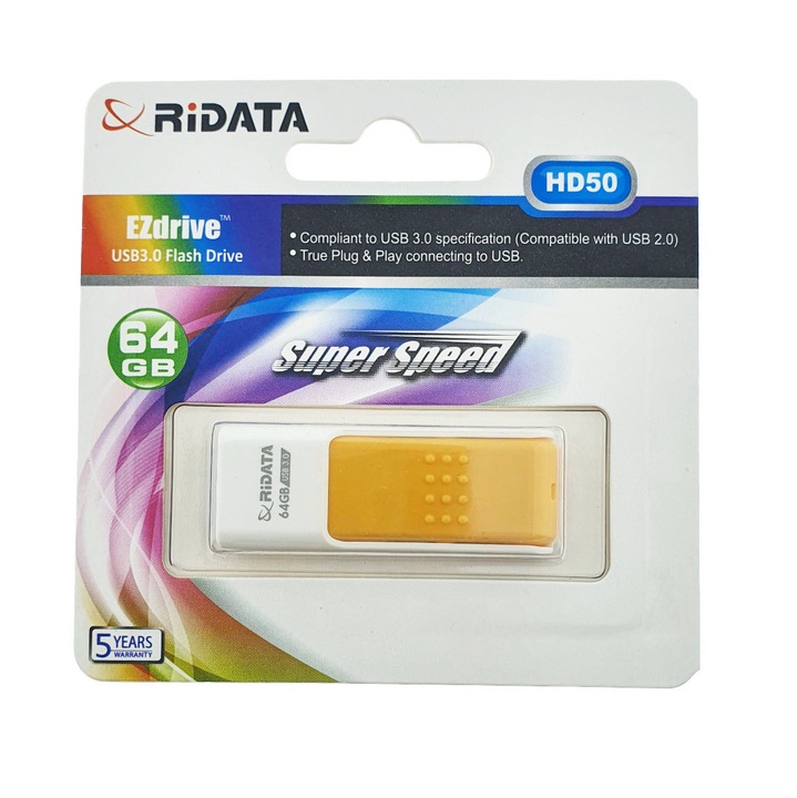 Memorie USB 3.0 RiDATA HD50, 64GB, portocalie, retractabilă, dimensiuni 51.6x18.76x8.25mm