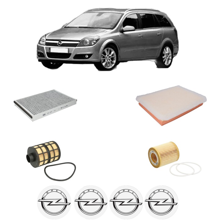 Pachet revizie OPEL ASTRA H Estate (A04) 1.9 CDTI 16V (L35) din 2004-2010, Contine filtru aer, ulei, combustibil, polen habitaclu carbon MANN, 4x Stickere cu OPEL