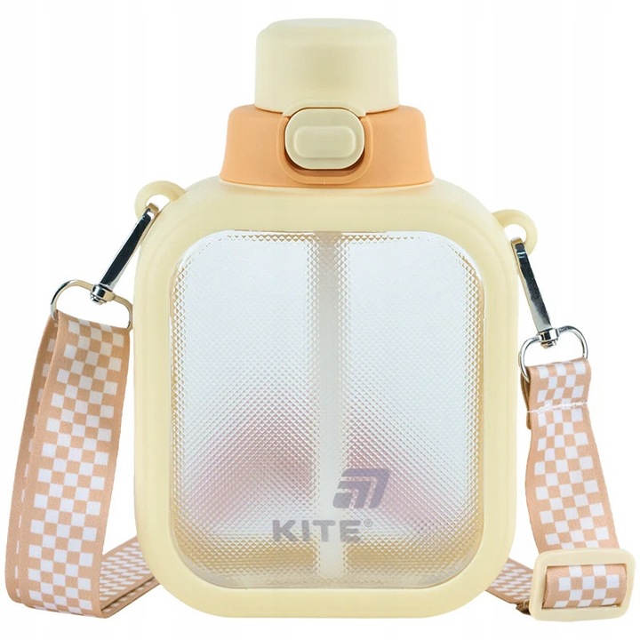 Бутилка за вода за училище със силиконова сламка и устник на каишка жълта квадратна без BPA Kite