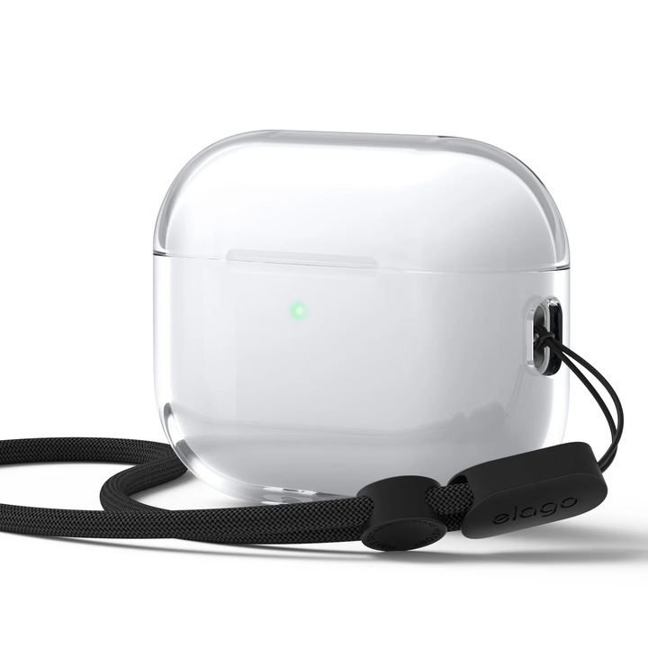 Husă silicon protecție Elago Clear pentru AirPods Pro 3, transparent, cu curea, rezistentă la șocuri