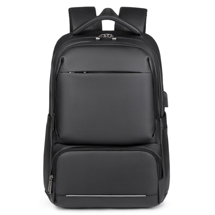 Rucsac multifunctional, cu port de incarcare USB, smart casual, compartiment pentru laptop pana la 15.6 inchi, impermeabil, negru, dimensiuni 46 x 30 x 20 cm