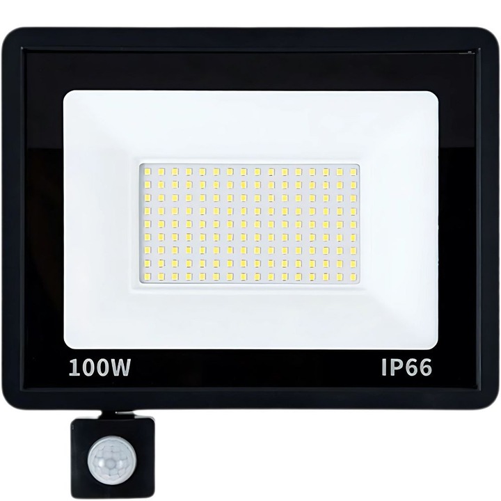 Proiector LED cu Senzor de Miscare, 100W, rezistent la apa IP66, lumina rece 6000K, (dimensiuni), culoare negru