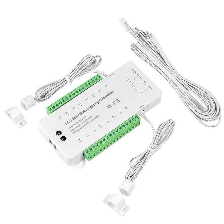 Controler de iluminat pentru scări Elektroweb RL-STEP-01, 16 canale, cu senzori de mișcare, 12V-24V, 148x88mm, set complet