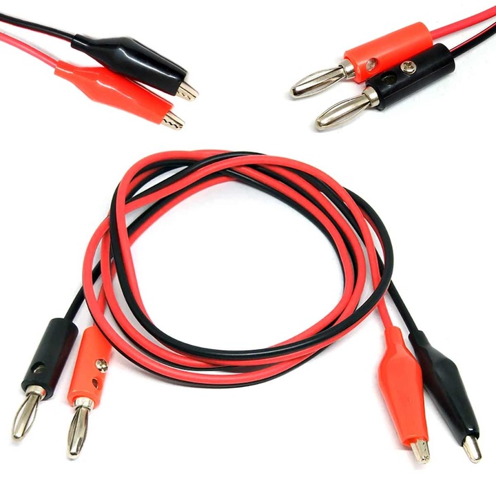 Cabluri crocodil cu conector banana, Elektroweb, 4mm, 100cm, set 2 bucăți (negru + roșu)