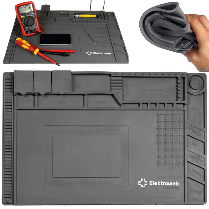 Covor de serviciu antistatic din silicon Elektroweb, gri, 450x300mm, cu organizator pentru componente