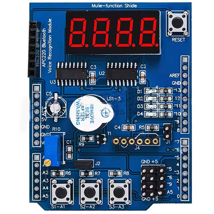 Scut de pornire suprapunere pentru Arduino, Elektroweb, afisaj LED 4 cifre, 4 LED-uri SMD, 3 butoane