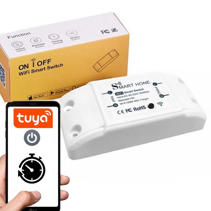 Modul releu wireless WiFi, Elektroweb, Tuya, 10A, 230V, 75x75mm
