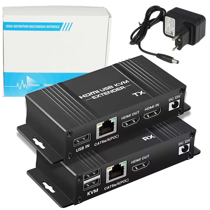 Amplificator semnal HDMI, Elektroweb, set 2 amplificatoare, transmitere 1080p, 60m, RJ-45