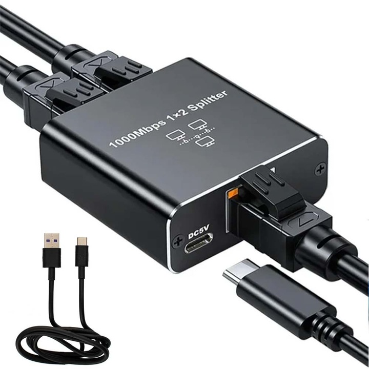 Splitter semnal Ethernet 2xRJ45, Elektroweb, 1Gb/s, alimentare USB-C, 51, 2x53x21, 6mm