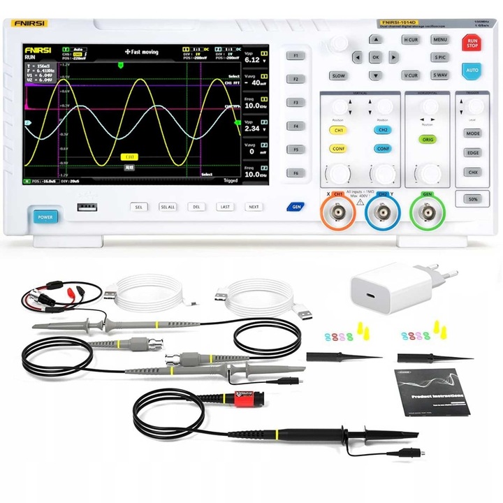 Osciloscop digital Elektroweb Fnirsi 1014D, 2 canale, 100 MHz, ecran TFT 7", set cu 2 sonde