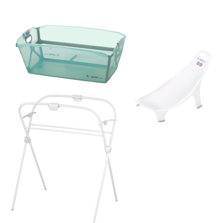 Комплект вана за баня с ултракомпактно сгъване, Jane, Oasis, 68 x 42 x 26 см, Сгъваема стойка и хамак за баня Nemo, Съгласно EN 17072:2018, Botanic