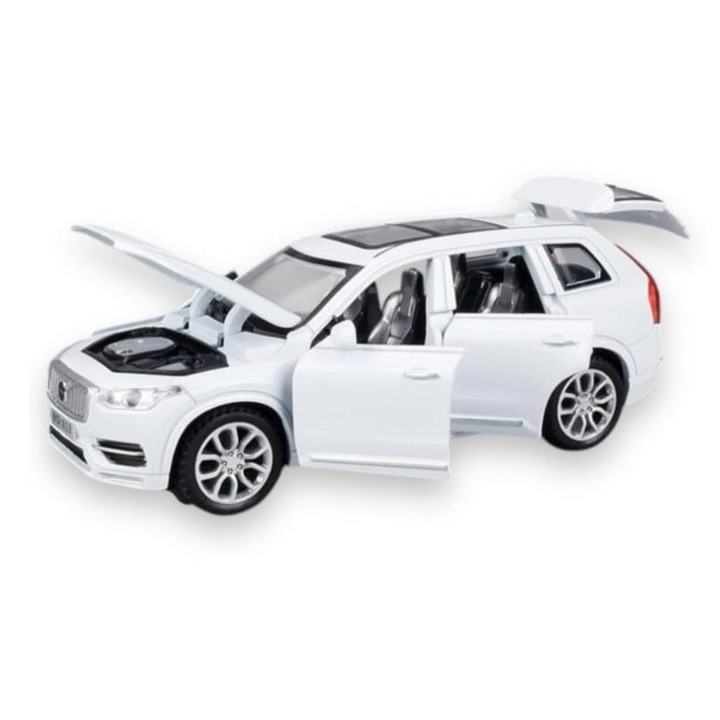 Masinuta metal mecanica, Volvo XC90, sunete, usi mobile, capota mobila, portbagaj mobil, alb, 16 cm