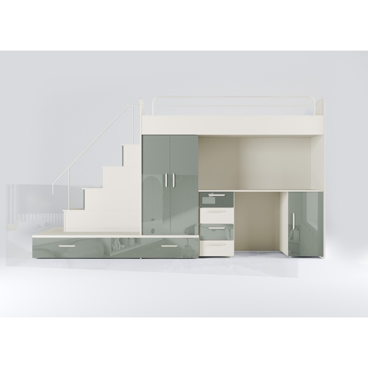 Sistem de mobilier Raj 5 pat supraetajat cu birou set de mobilier pentru copii, Culoarea Casmir / Verde menta lucios (In set sunt cadre si saltele)