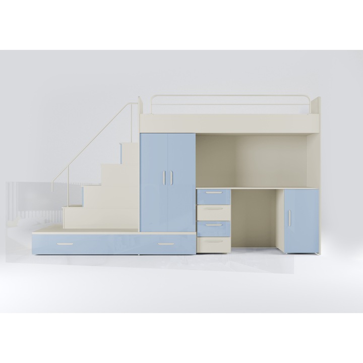 Sistem de mobilier Raj 5 pat supraetajat cu birou set de mobilier pentru copii, Culoarea Casmir / Albastru lucios (In set sunt cadre si saltele)