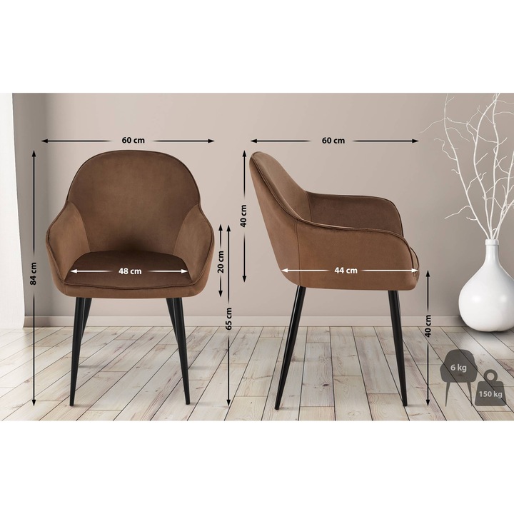 Scaun de masa LMN Boise, catifea maro, 60x60x84cm, capacitate 150kg