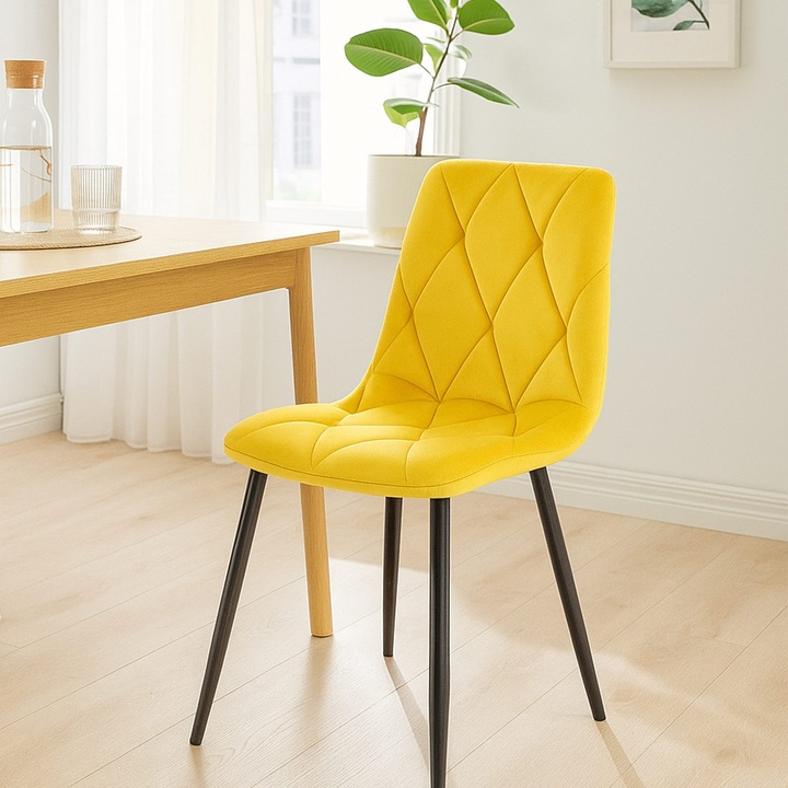 Scaun de masă LMN Clairton, catifea, galben, bază metalică, 150 kg