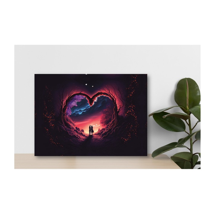 Tablou Canvas Romantic - Siluete in Peisaj de Vis, Dragoste in Culori Vibrante, Arta Abstracta Colorata, Tablou Decorativ Vibrant, Universul Iubirii, Canvas pe sasiu de lemn, 35x50cm