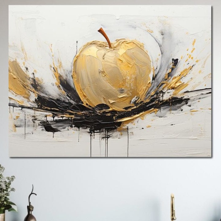 Tablou Canvas Premium, LuxCanva® N1125, Fructul Zeilor, 90 X 120 CM, Panza Bumbac 100% 400g/m2, Sasiu Lemn, Mar, Fructe, Lux, Auriu, Abstract, Sofisticat, Simbolic, Arta Moderna, Elegant, Restaurant, Bucatarie