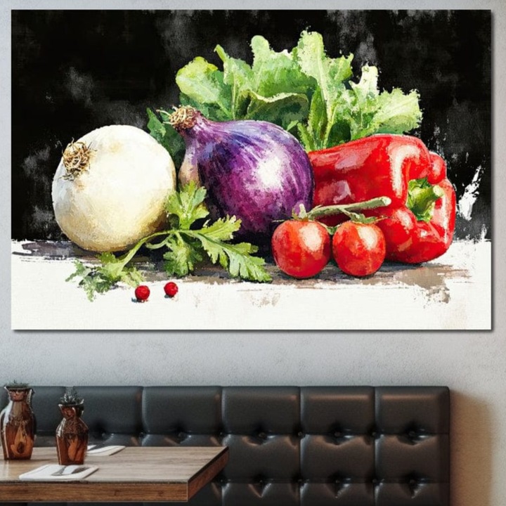 Tablou Canvas Premium, LuxCanva® N1133, Arome din Gradina, 80 X 120 CM, Panza Bumbac 100% 400g/m2, Sasiu Lemn, Legume, Prospetime, Natural, Organic, Rosii, Ardei, Verdeturi, Gust, Savoare, Mancare, Restaurant, Bucatarie