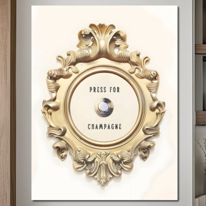 Tablou Canvas Premium, LuxCanva® N1130, Butonul Fericirii, 100 X 135 CM, Panza Bumbac 100% 400g/m2, Sasiu Lemn, Lux, Sampanie, Bautura, Buton, Auriu, Petrecere, Text, Chic, Festiv, Pub, Lounge, Bar, Restaurant, Bucatarie