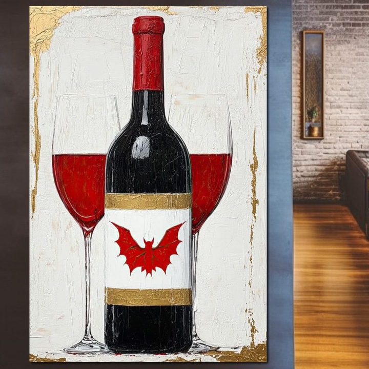 Tablou Canvas Premium, LuxCanva® N1116, Vinul Noptii Eterne, 100 X 150 CM, Panza Bumbac 100% 400g/m2, Sasiu Lemn, Vin Rosu, Bautura, Sticla, Liliac, Pahare, Auriu, Vampiric, Gotic, Pub, Lounge, Bar, Restaurant, Bucatarie