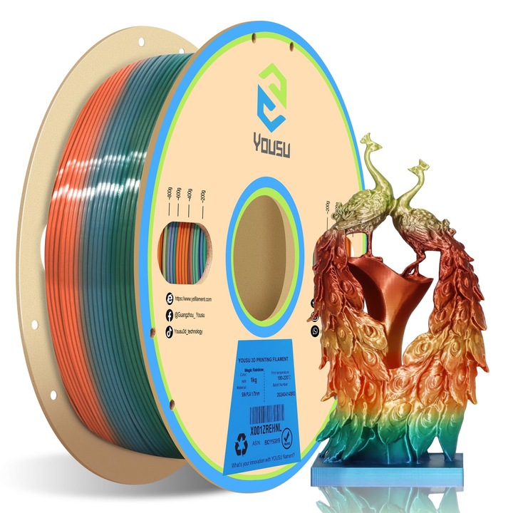 Filament pentru imprimanta 3D YOUSU, 1.75 mm, 1 kg, PLA Silk, multicolor