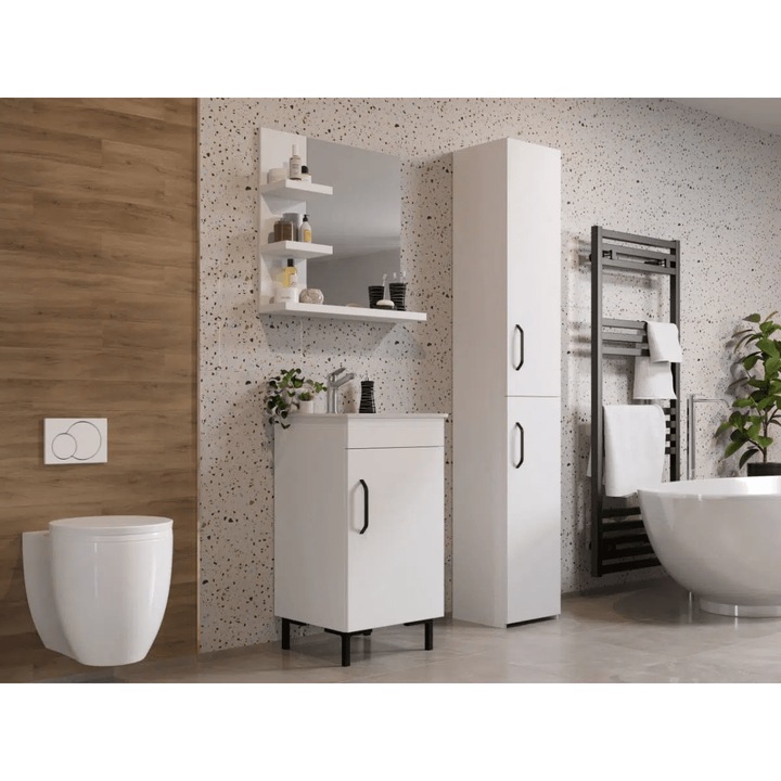 Set Complet Baie Albio, C01, Masca baie, Chiuveta, Baterie, Dulap Inalt 32cm si Oglinda