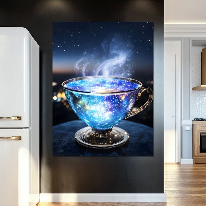 Картина върху платно Premium, LuxCanva® N1118, Космическа инфузия, 45 X 60 CM, 100% Памучно платно 400g/m2, Дървена рамка, Чай, Чаша, Вселена, Галактика, Звезди, Мистерия, Пари, Нощ, Релакс, Кафене, Пъб, Салон, Бар, Ресторант, Кухня