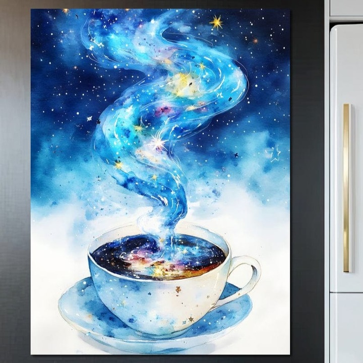 Tablou Canvas Premium, LuxCanva® N1119, Cafeaua Viselor Astrale, 100 X 135 CM, Panza Bumbac 100% 400g/m2, Sasiu Lemn, Stele, Infinit, Astral, Ceresc, Vis, Cafea, Ceasca, Univers, Galaxie, Energie, Cafenea, Pub, Lounge, Bar, Restaurant, Bucatarie