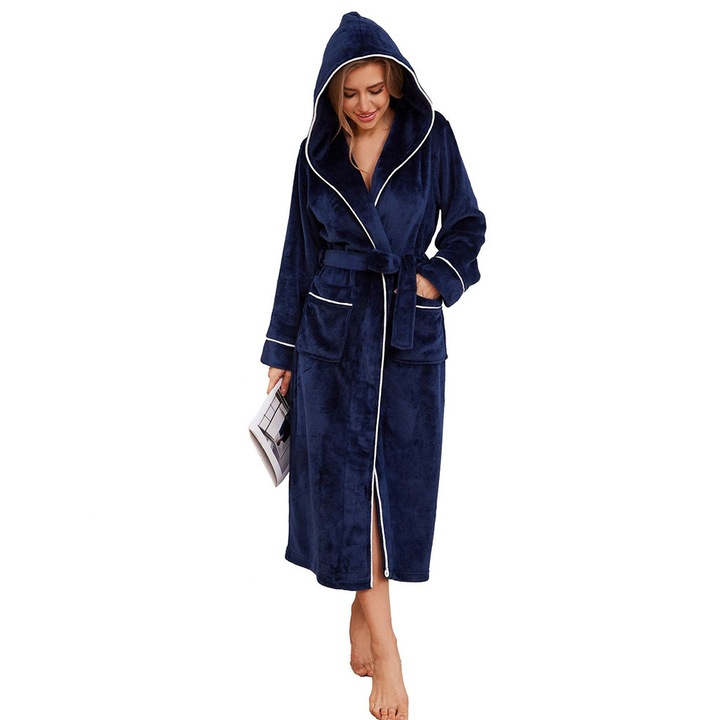 Halat de baie, BOMSTOM, Unisex, Catifea de lana, Gros si Pufos, tine de cald, maneci lungi, Gluga, Buzunare, Cordon, Lungime 124 cm, L, Bleumarin