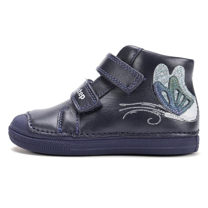 Ghete fete D.D.Step din piele naturala bleumarin cu fluture sidefat, talpa flexibila, inchidere cu scai, 27 EU