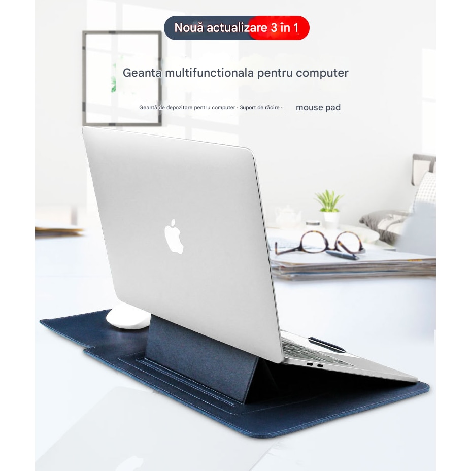 Huse laptop AMRTI 13-14 inch multifunctionala, albastru, piele ecologica, 25x34cm