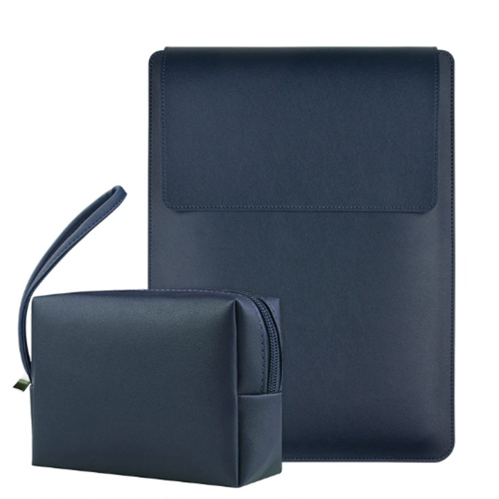 Laptop tok, Amrti, 13-14 inch, multifunkciós, kék, ökológiai bőr, 25x34cm