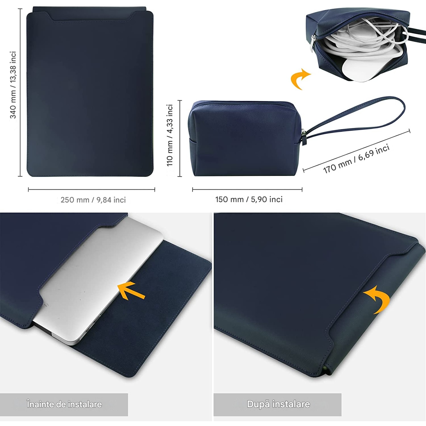 Huse laptop AMRTI 13-14 inch multifunctionala, albastru, piele ecologica, 25x34cm