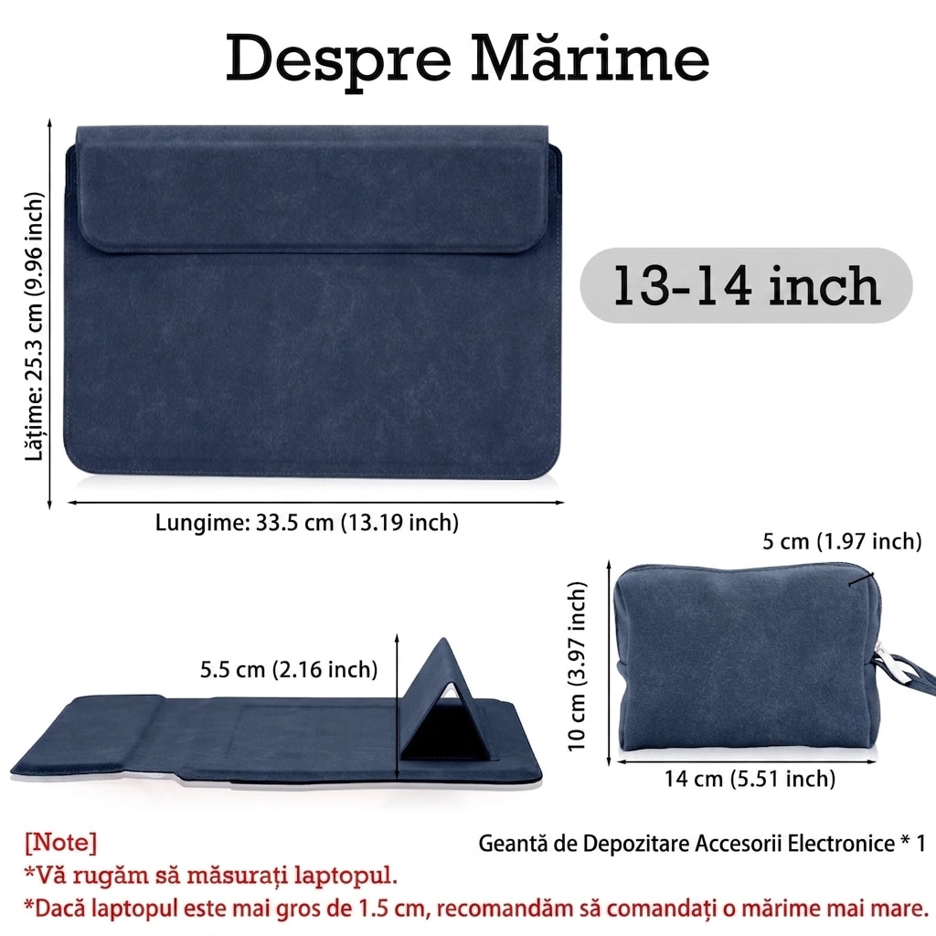Husa Laptop 13-14 inch AMRTI® cu Functie Stand si Suport Incheieturi, Compatibila MacBook Pro 14, MacBook Air 13/13.6, iPad Pro, Surface, Protectie Premium, Design Ergonomic, Material Durabil, Dark Blue