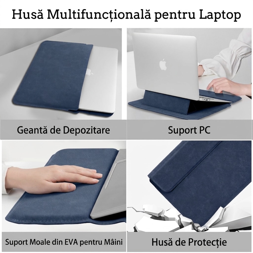 Husa Laptop 13-14 inch AMRTI® cu Functie Stand si Suport Incheieturi, Compatibila MacBook Pro 14, MacBook Air 13/13.6, iPad Pro, Surface, Protectie Premium, Design Ergonomic, Material Durabil, Dark Blue