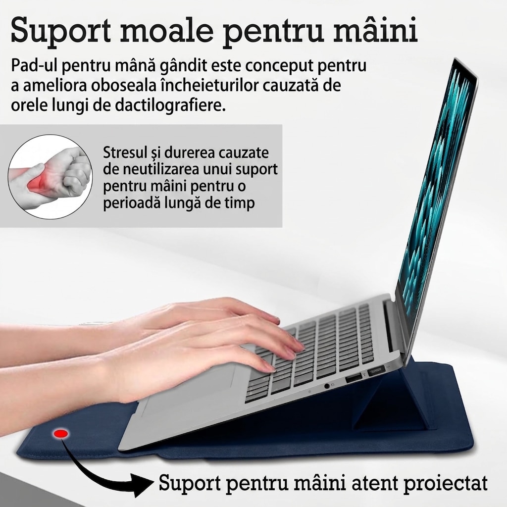 Husa Laptop 13-14 inch AMRTI® cu Functie Stand si Suport Incheieturi, Compatibila MacBook Pro 14, MacBook Air 13/13.6, iPad Pro, Surface, Protectie Premium, Design Ergonomic, Material Durabil, Dark Blue