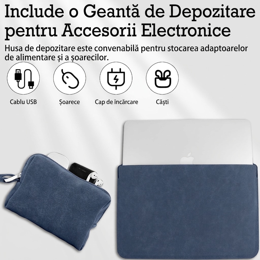 Husa Laptop 13-14 inch AMRTI® cu Functie Stand si Suport Incheieturi, Compatibila MacBook Pro 14, MacBook Air 13/13.6, iPad Pro, Surface, Protectie Premium, Design Ergonomic, Material Durabil, Dark Blue