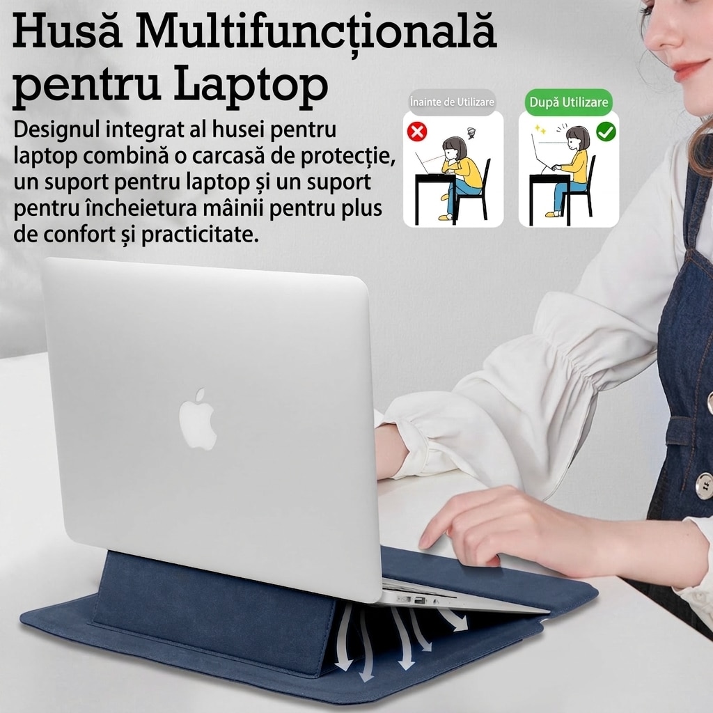 Husa Laptop 13-14 inch AMRTI® cu Functie Stand si Suport Incheieturi, Compatibila MacBook Pro 14, MacBook Air 13/13.6, iPad Pro, Surface, Protectie Premium, Design Ergonomic, Material Durabil, Dark Blue