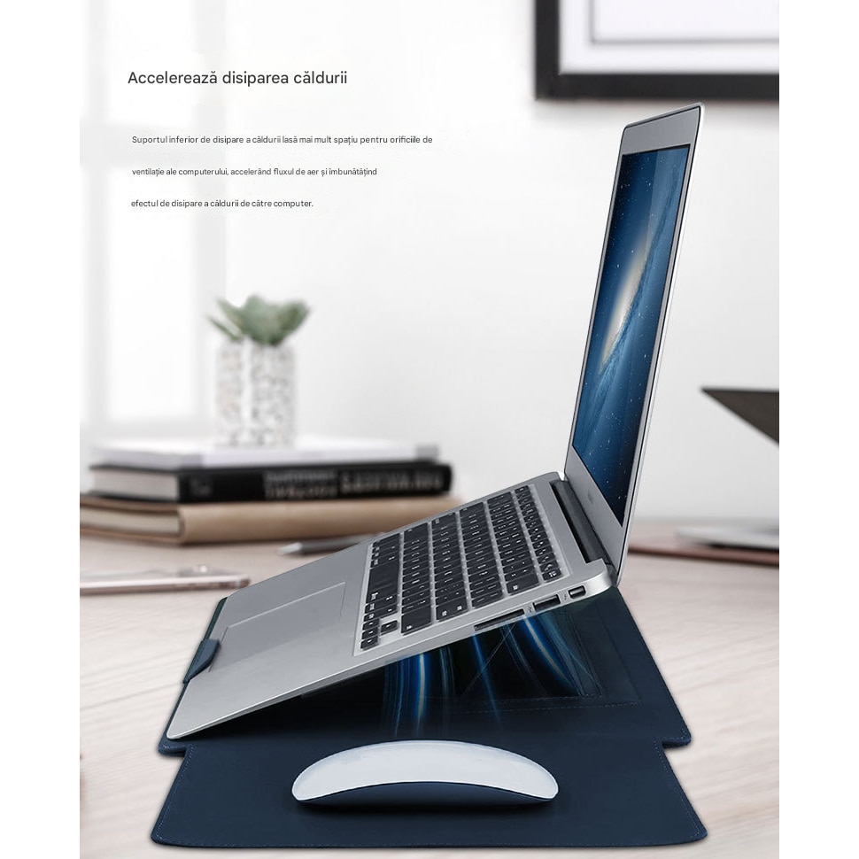 Huse laptop AMRTI 13-14 inch multifunctionala, albastru, piele ecologica, 25x34cm