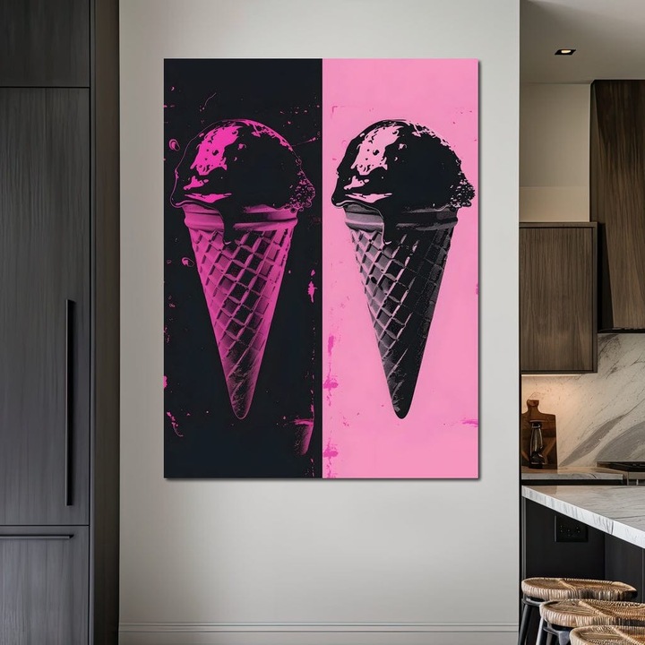 Картина върху платно Premium, LuxCanva® N1123, Desert Neon, 90 X 120 CM, 100% памучно платно 400g/m2, Дървена рамка, Поп Арт, Розово, Сладко, Сладолед, Неон, Готино, Атмосфера, Модерно, Желатерия, Сладкарница, Ресторант, Кухня